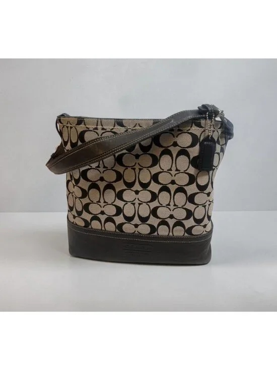 Coach Signature Bucket Tote F12518 Black Canvas Leather Shoulder Bag Carryall - Picture 2 of 10